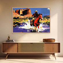 Load image into Gallery viewer, Crossing The Colorado River, Framed Canvas Print, Kitsch Western Wall Art, Colorful Western Painting Original Artwork, Pop Art Painting
