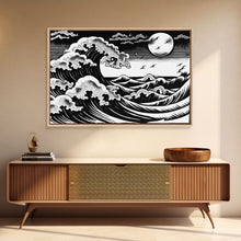 Carregar imagem no visualizador da galeria, Black and White Wave Canvas Print, Hokusai Inspired Wall Art, Woodblock Print Style, Wall Art, Vintage Style Wall Art
