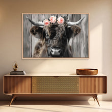 Load image into Gallery viewer, Framed Canvas Wall Art, Cute Highland Cow Print, Modern Wall Art Farmhouse Decor, Fun Rustic Farmhouse Art, Life On The Farm, Cow and Flower
