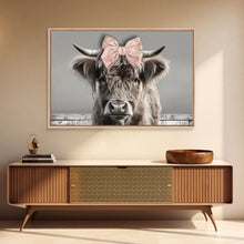 Carregar imagem no visualizador da galeria, Framed Canvas Print, Cute Highland Cow Wearing A Pink Bowtie, Framed Wall Decor, Rustic Minimalist Farmhouse Decor, Western Art
