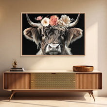 Carregar imagem no visualizador da galeria, Framed Highland Cow With Flowers Painting canvas print Farmhouse art Cattle Wooden background Country wall art Cow print Rustic Wall Art

