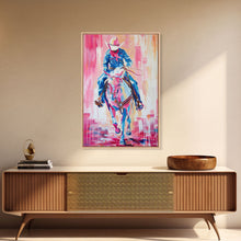 Load image into Gallery viewer, Cowboy Riding in Pink - Colorful Western Art, Framed Canvas Print, Living Room Decor, Cowboy Painting, Vibrant Wall Art

