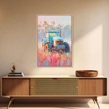 Carregar imagem no visualizador da galeria, Farm Tractor in Vibrant Meadow - Framed Canvas Print, Countryside Living Room Art, Pastel Bedroom Decor, Rural Art, Wall Art
