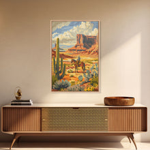 Load image into Gallery viewer, Desert Cowboy Riding Through Cactus - Framed Canvas Print, Western Landscape Art, Southwestern Wall Art for Home Decoration
