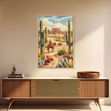 Load image into Gallery viewer, Cowboy Riding in Desert Landscape with Cacti - Framed Canvas Print, Western Art, Southwestern Decor, Desert Scene Wall Art for Home
