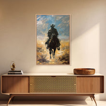 Load image into Gallery viewer, Lone Cowboy Riding into Sunset - Framed Canvas Print, Western Art, Living Room Decor, Cowboy Art for Bedroom, Rustic Wall Art

