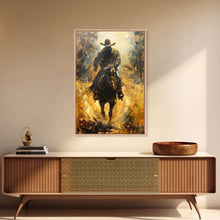 Load image into Gallery viewer, Cowboy Riding Horse into the Distance - Framed Canvas Print, Western Art, Rustic Decor, Living Room Wall Art, Cowboy Themed Art
