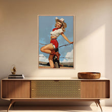 Load image into Gallery viewer, Vintage Cowgirl Pin-Up Art Print, Retro Western Framed Canvas, Classic Pin-Up Girl in Cowboy Hat and Boots, Unique Wall Decor

