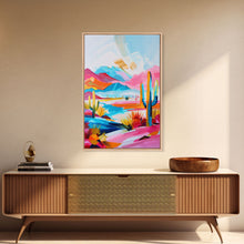 Load image into Gallery viewer, Colorful Mission Style Church Illustration - Framed Canvas Print, Vibrant Church Art, Living Room Decor, Architectural Wall Art
