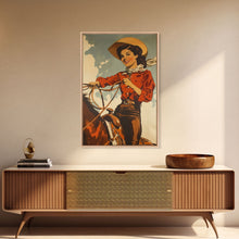 Cargar imagen en el visor de la galería, Classic Cowgirl with Red Outfit on Horse | Framed Canvas Print | Western Wall Art | Living Room Decor | Rustic Home Decor
