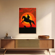 Load image into Gallery viewer, Cowboy on Horse with Dramatic Sunset Background | Framed Canvas Print | Western Silhouette Art | Sunset Cowboy Wall Art for Bedroom
