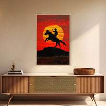 Load image into Gallery viewer, Dynamic Cowboy Horse Ride Silhouette at Sunset | Framed Canvas Print | Western Wall Art | Sunset Horseback Wall Art for Home Decor
