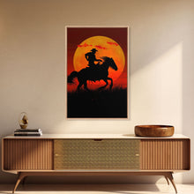 Carregar imagem no visualizador da galeria, Action Cowboy Silhouette on Horse at Sunset | Framed Canvas Print | Western Wall Art | Dramatic Cowboy Wall Art for Home Decor
