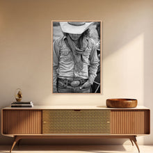 Load image into Gallery viewer, Cowboy with Hat and Scarf Looking Down in Black and White for Western Wall Art, Canvas Prints, Home Decor, Living Room Art, Bedroom Art
