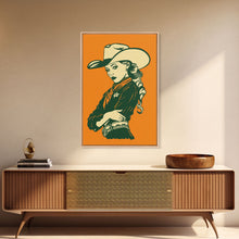 Load image into Gallery viewer, Elegant Retro Cowgirl with Hat Illustration | Framed Canvas Print | Vintage Western Art | Stylish Cowgirl Wall Art for Living Room
