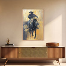 Load image into Gallery viewer, Dynamic Cowboy on Horseback Framed Canvas Print - Energetic Western Decor, Action Wall Art for Living Room, Bedroom
