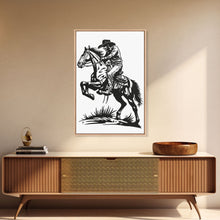 Load image into Gallery viewer, Cowboy Riding Horse with Reins - Framed Canvas Print, Western Wall Art, Rustic Decor, Living Room and Bedroom Art Print
