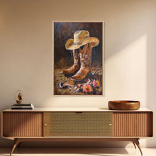 Cargar imagen en el visor de la galería, Classic Cowboy Hat and Boots Art - Framed Canvas Print, Rustic Bedroom Decor, Cowboy Themed Wall Art for Home, Western Artwork
