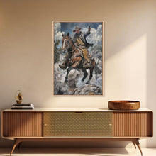 Load image into Gallery viewer, Framed Canvas Print, Cowboy Riding Horse with Gun Wall Art, Western Style Artwork for Living Room or Bedroom Decor, Dynamic Home Art Piece
