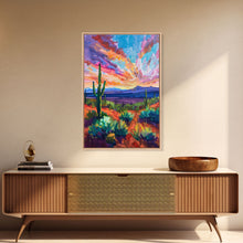 Load image into Gallery viewer, Framed Canvas Print, Cacti and Mountains at Sunset Wall Art, Vibrant Southwest Decor for Living Room or Bedroom, Nature Art Decoration Piece

