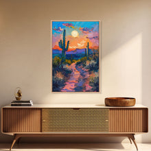 Load image into Gallery viewer, Framed Canvas Print, Colorful Desert Sunset with Cacti Wall Art, Southwest Landscape for Living Room or Bedroom, Vibrant Wall Art Piece
