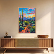 Load image into Gallery viewer, Framed Canvas Print, Cactus and Desert Path Wall Art, Vibrant Southwest Landscape for Living Room or Bedroom, Nature Art Poster Piece
