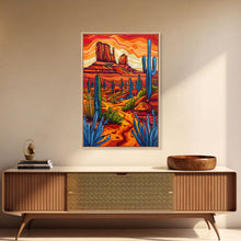 Carregar imagem no visualizador da galeria, Framed Canvas Print, Vibrant Desert Scene with Cacti and Mesas, Perfect Southwest Wall Art for Living Room or Bedroom Decor
