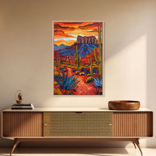 Load image into Gallery viewer, Framed Canvas Print, Bold Desert Landscape with Saguaro Cacti and Mountains, Unique Wall Art for Living Room or Bedroom
