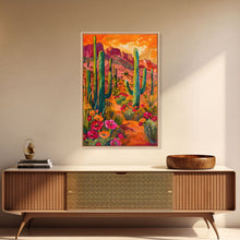 Load image into Gallery viewer, Framed Canvas Print, Vibrant Desert Scene with Saguaro Cacti and Flowers, Unique Wall Art for Living Room or Bedroom
