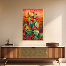 Load image into Gallery viewer, Framed Canvas Print, Blooming Cacti in Desert Sunset, Stunning Wall Art for Living Room or Bedroom Decor
