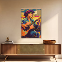 Load image into Gallery viewer, Country Cowboy playing guitar under a colorful sunset, pop art style Framed Canvas Print - music decor, country music art, vibrant wall art
