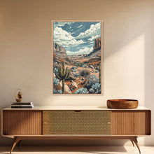 Carregar imagem no visualizador da galeria, Vintage Western Desert Landscape Art Print, Retro Cactus Framed Canvas, Scenic Southwest Artwork, Unique Desert Wall Decor
