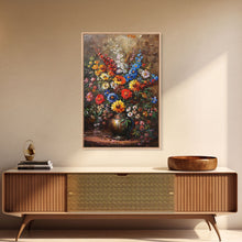 Load image into Gallery viewer, Bold Flower Bouquet Art on Dark Background - Framed Canvas Print, Vibrant Floral Wall Art for Living Room, Modern Artwork, Flower Decor
