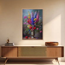 Load image into Gallery viewer, Dramatic Floral Vase Art on Rich Background - Framed Canvas Print, Bold Flower Decor for Living Room, Botanical Artwork, Floral Wall Art
