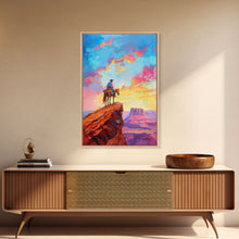Load image into Gallery viewer, Cowboy on Horseback Overlooking Canyon - Vibrant Western Landscape Art, Sunset Painting, Living Room Decor, Cowboy Canvas Print
