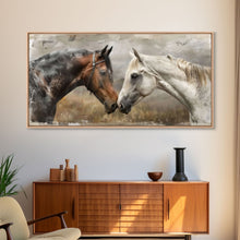 Cargar imagen en el visor de la galería, Black and White Horses, Framed Canvas Print for Elegant Living Room Decor, Equine Art for Home and Bedroom Decoration
