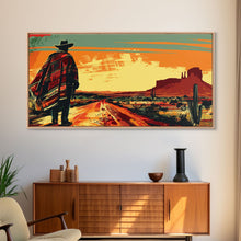 Carregar imagem no visualizador da galeria, Abstract Cowboy in Desert Sunset Scene, Boho Bedroom Art, Framed Canvas Print, Modern Living Room Decoration, Rustic Wall Art
