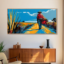 Load image into Gallery viewer, Cowboy Walking Down Desert Road, Perfect Minimalist Art, Framed Canvas Print, Boho Living Room Decor, Western Home Decoration

