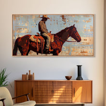 Load image into Gallery viewer, Cowboy on Horse with Rustic Background, Stunning Wall Art, Framed Canvas Print, Boho Bedroom Decor, Western Home Decoration
