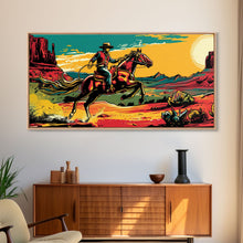 Load image into Gallery viewer, Cowboy Galloping in Desert, Vibrant Sunset Western Art, Framed Canvas Print, Farmhouse Decor, Colorful Wall Art, Cowboy Theme
