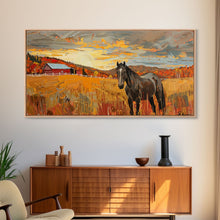 Carregar imagem no visualizador da galeria, Black Horse in Autumn Field with Red Barn, Perfect Farmhouse Art, Framed Canvas Print, Rustic Wall Decor, Living Room Decoration
