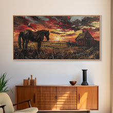 Load image into Gallery viewer, Dark Horse at Sunset with Barn, Stunning Abstract Art, Framed Canvas Print, Boho Wall Art, Bedroom Decor, Unique Home Decoration
