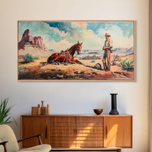 Load image into Gallery viewer, Cowboy and Horse in Desert Landscape, Rustic Farmhouse Art, Framed Canvas Print, Western Decor, Living Room Wall Art, Country Style
