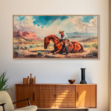 Load image into Gallery viewer, Cowboy Comforting Horse in Open Plains, Farmhouse Western Decor, Framed Canvas Print, Country Living Art, Rustic Wall Art for Home
