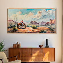 Load image into Gallery viewer, Cowboy Gazing Over Expansive Desert, Boho Western Landscape Art, Framed Canvas Print, Living Room Wall Decor, Rustic Country Style
