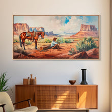 Load image into Gallery viewer, Cowboy Resting by Horse in Desert Scene, Rustic Farmhouse Art, Framed Canvas Print, Western Decor, Living Room Wall Art, Country Style

