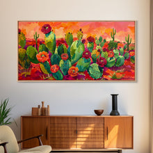 Load image into Gallery viewer, Bright Desert Flowers and Cacti with Mountains, Vibrant Framed Canvas Print for Home, Boho Wall Art, Nature Lover&#39;s Decor
