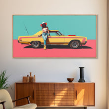 Load image into Gallery viewer, Bold Cowgirl Posing with Yellow Car, Pop Art Framed Canvas Print for Living Room, Ideal Bedroom Wall Art, Unique Home Decor
