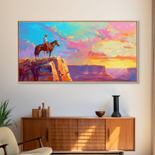 Load image into Gallery viewer, Cowboy Watching Sunset Over Canyon, Farmhouse Style Framed Canvas Print for Living Room Wall Art, Vibrant Home Decor, Western Landscape
