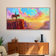 Load image into Gallery viewer, Cowboy on Horse Under Vibrant Sky, Farmhouse Style Framed Canvas Print for Bedroom Wall Art, Rustic Home Decor, Western Scenic Art
